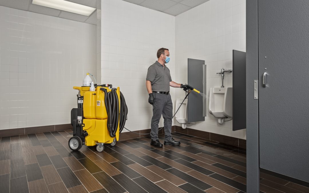 Cleaning public toilets with Kaivac No-Touch Cleaning system