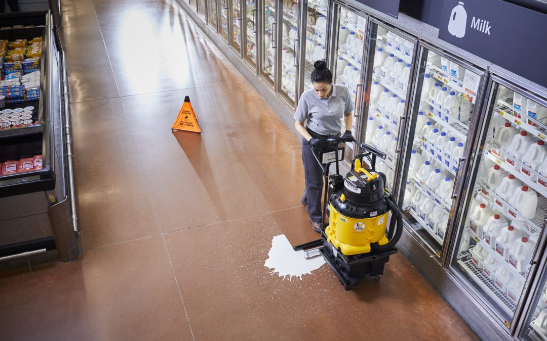 cleaning spills from grocery store floors